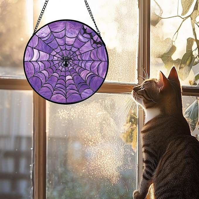 Stained Glass Window Hanging 4 Pcs Set Purple Gothic Theme 6.3" - Horror Halloween Suncatcher Door Garden Sun Catcher Decor Birthday White Elephant Gifts for Mom Woman Men Friend