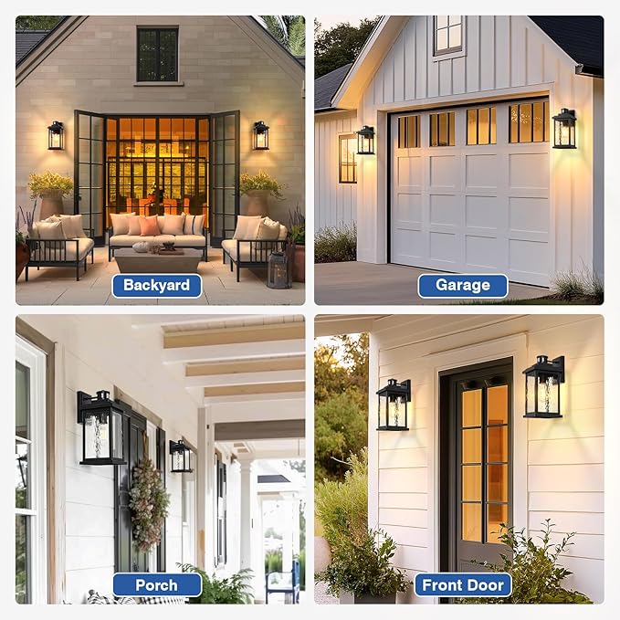 VIANIS Large Advanced Motion Sensor Outdoor Lights, Black Easy-to-Install Dusk to Dawn Outdoor Wall Lights, Aluminum Waterproof Porch Light with Water Glass for Porch, Garden, Front Door