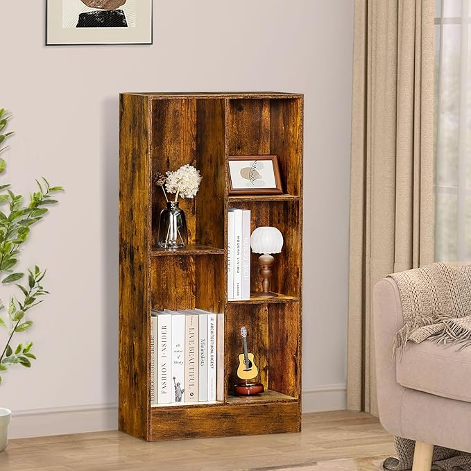 LEYAOYAO 5 Cube Mid-Century Modern Brown Wood Bookcase, 3 Tier Storage Organizer Shelf, Rustic Display Cabinet for Bedroom, Living Room, Office