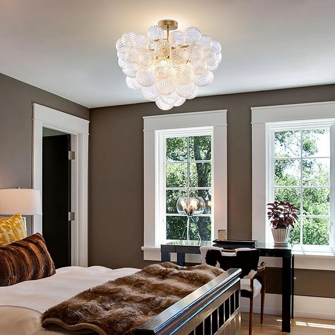 Semi Flush Mount Bubble Ball Chandelier Lighting 20 Inch Gold Clear Ribbed Blown Glass Chandeliers Ceiling Light Fixtures for Bedroom, Living Room, Entry, Bathroom