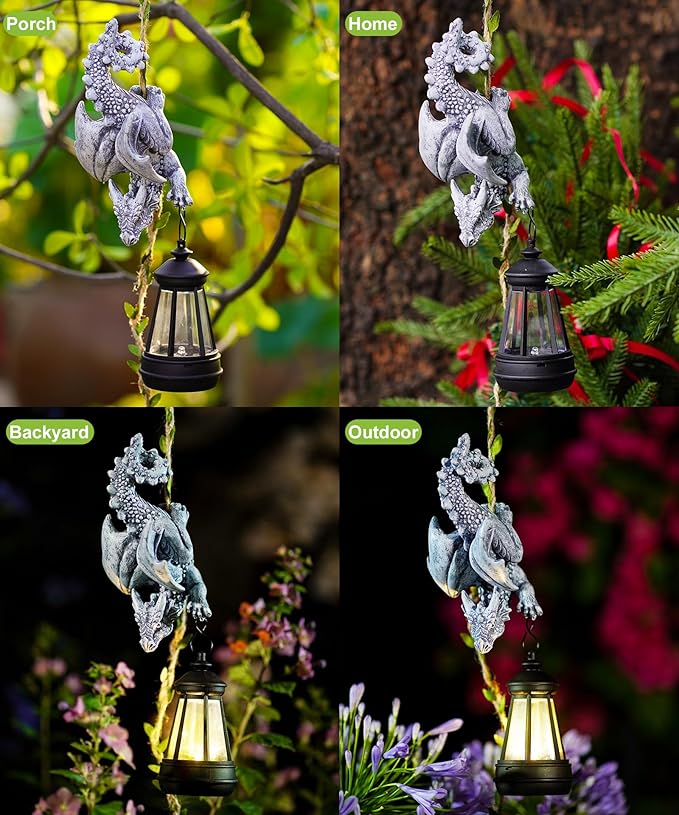 Solar Dragon Figurine Garden Statue: Outdoor Hanging Climbing Ornament with Lantern for Yard Art Lawn Balcony Patio Porch Decor- Birthday Gifts for Mom Women Father