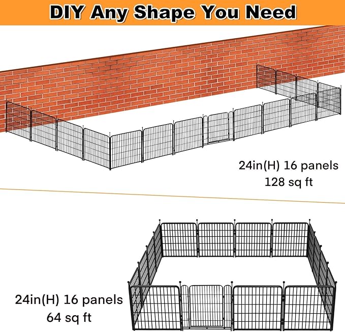 Dog Playpen 24 inch(H) 16 Panels Dog Fence Outdoor for Yard. Metal Dog Pen Heavy Duty Pet Puppy Exercise Pen for Rv Camping Garden Yard, Wide Door Low Threshold Dog Fence Total 31.4 Ft(L)
