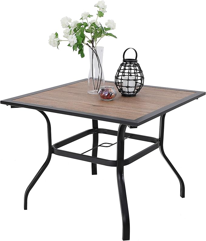 PHI VILLA 37" Square Patio Dining Table Outdoor Furniture Table for Backyard Bistro Garden Deck, Imitation Wood Table Top, 1.57” Umbrella Hole