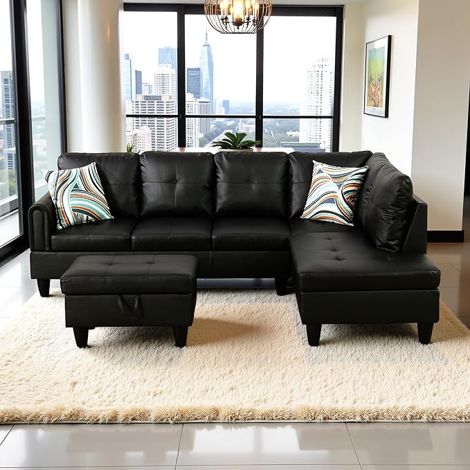 Couches for Living Room Faux Leather L Shaped Couch Comfy 3 Pieces Sectional Sofa with Chaise, Ottoman with Storage for Office and Small Apartment, Classic Black
