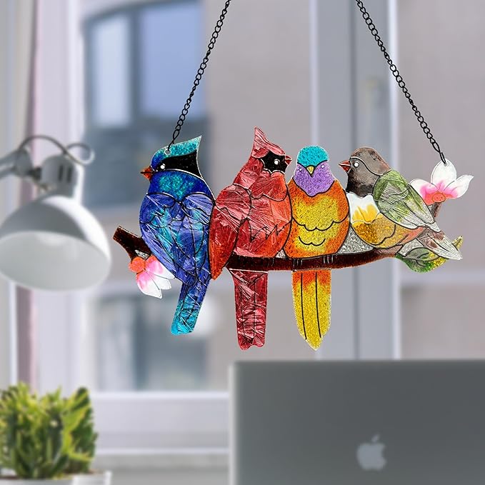 Stained Glass Window Hanging - Large Suncatcher Stained Glass Birds on Branch, Sun Catchers for Indoor Window Doors Room Home Decoration Hummingbird Gifts for Bird Lovers
