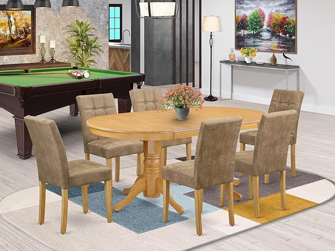 East West Furniture VAAS7-OAK-28 7 Piece Kitchen Dining Table Set Includes A Wooden Kitchen Table and 6 Brown Textured Polyester Fabric Parson Chairs, Oak