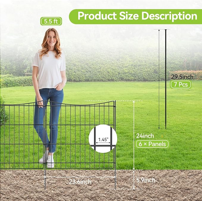 INJOPEXI Decorative Garden Fence 6 Panels 11.8ft(L)×24in(H) Garden Fences with 6 Panels Rustproof Metal Wire No Dig Temporary Animal Barrier Fencing Dog Fence for Yard Outdoor Patio - Without Gate