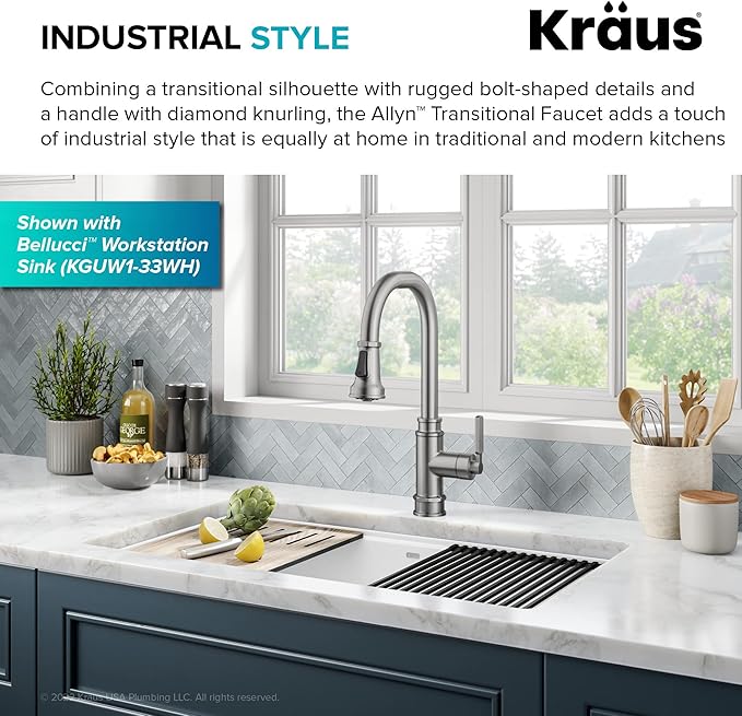 KRAUS Allyn Transitional Industrial Pull-Down Single Handle Kitchen Faucet in Spot-Free Stainless Steel, KPF-4101SFS