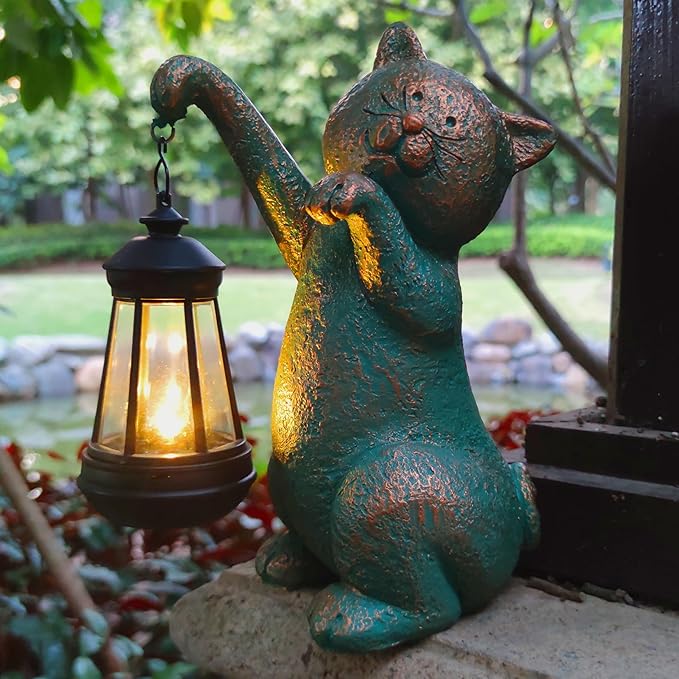 JOYBEE Garden Statues Cat with Solar Lantern Outdoor Decor-Cat Solar Figurines Lights Decorations for Patio Yard Lawn Ornaments-Gifts for Birthday Easter Housewarming
