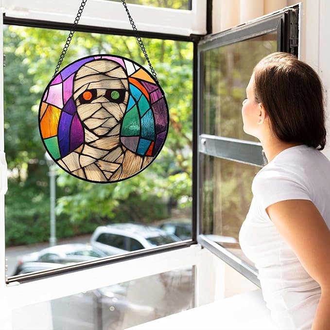 Stained Glass Window Hanging Halloween Abstract Colorful Mummy Large 15" - Suncatcher Door Garden Sun Catcher Gothic Decor Birthday Horror Funny Gift for Mom Woman Nana Friend Men