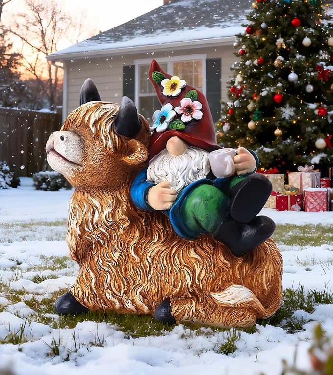 Christmas Garden Gnomes Statues Sitting On Highland Cow, Hold Solar Cup, Outdoor Decorations for Patio,Yard, Highland Cow Christmas Decorations
