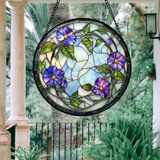 Stained Glass Window Hanging, Purple Morning Glory Flowers Suncatcher for Doors Window Home Plant Sun Catchers Decoration Mother's Day Birthday Gifts for Women, Men, and Mom 11.8x11.8 in