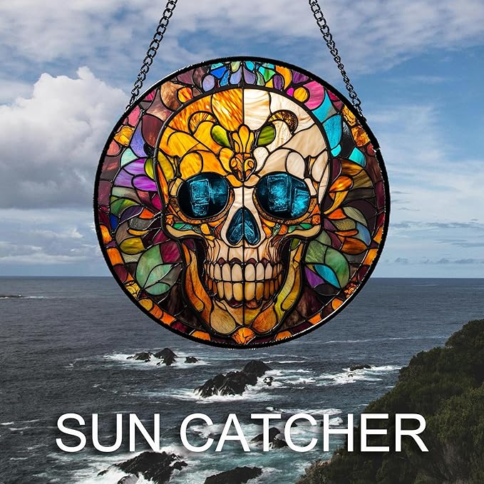 Stained Glass Window Hanging Halloween Retro European Colorful Skull Large 11.8" - Suncatcher Door Garden Sun Catcher Gothic Decor Birthday Horror Funny Gift for Mom Woman Nana Friend Men