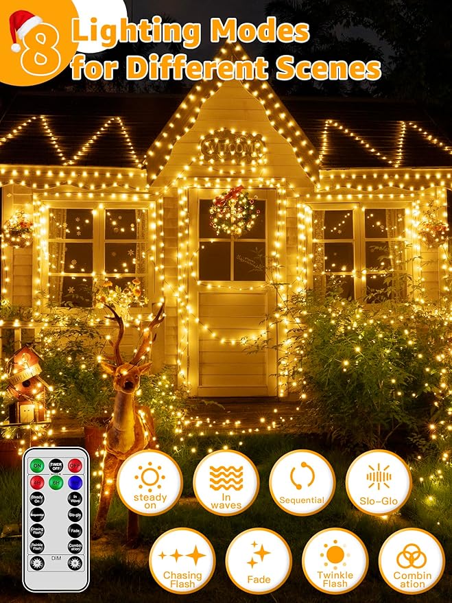 BrightChristmas 300 LED 98 FT Christmas Lights, Waterproof Outdoor String Lights with Remote and Timer, Christmas Tree Lights with 8 Modes Dimmable, Fairy Lights for Holiday Decor (Warm White)