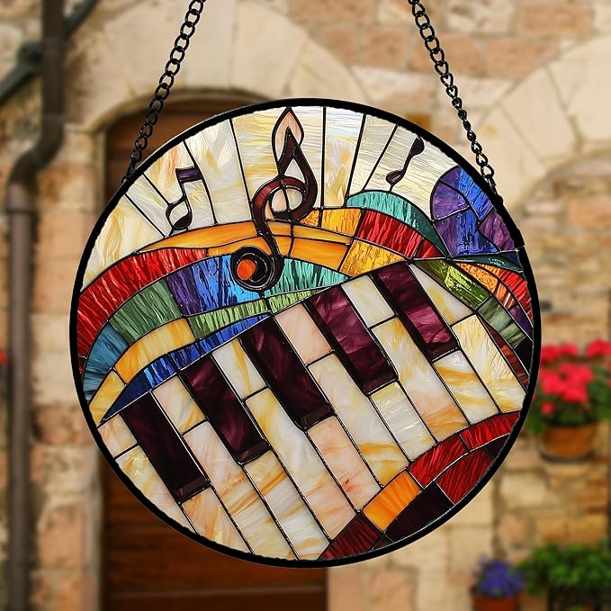 Stained Glass Window Hanging, Piano Notes Sun Catchers Glass Panel Suncatcher Decor for Birthday for Women, Men, Wife, Aunt, and Mom 6.3 in