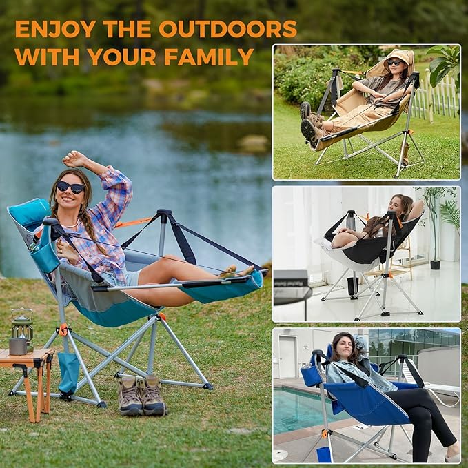 KingCamp Hammock Chair with Footrest – Heavy Duty Swinging Rocking Camping Chairs for Adults up to 400lbs, Folding Portable Oversized Rocker with Cup Holder & Pillow for Outdoor Beach Lawn RV Sports