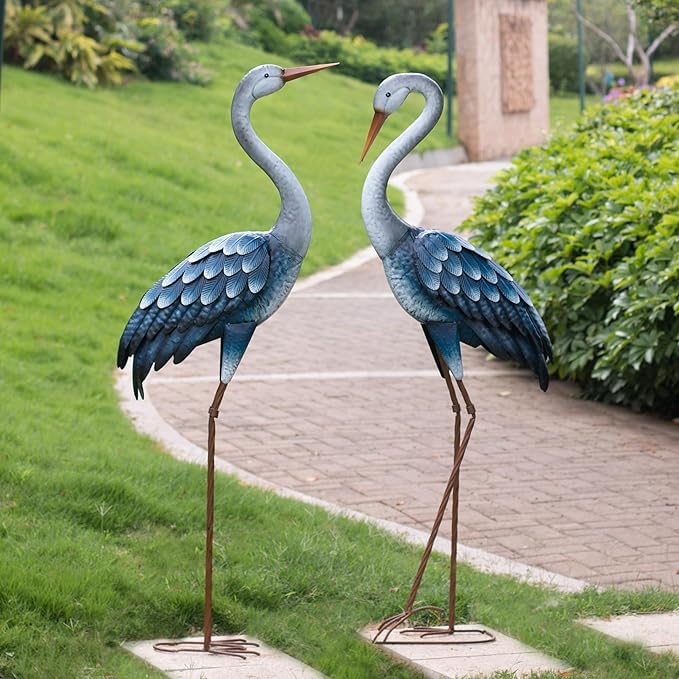 Kircust Outdoor Blue Heron Statues Metal Garden Crane Sculptures, Bird Yard Art Large 47-48 Inch, Set of 2, for Pond & Lawn Garden Decor, Gifts for Women, Men, Friends