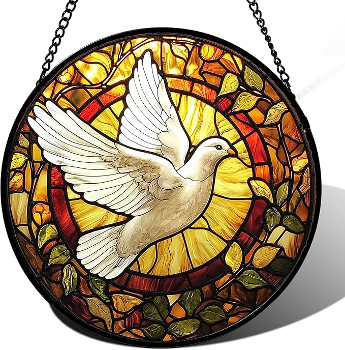 Stained Glass Window Hanging, Flying White Dove Sun Catchers Diamond Glass Panel Hangings Cute Birds Suncatcher Decor for Birthday for Women, Men, Wife, Aunt, and Mom 14.9 in