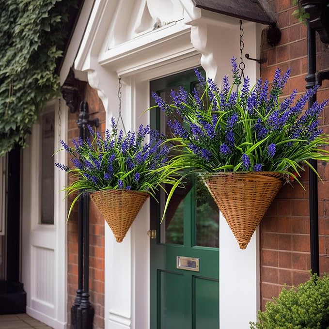 Artificial Flowers for Outdoor Plants 24 Bundles Fake Lavender Plastic Faux Monkey Grass for Verandah Window Garden Office Patio Front Porch UV Resistant for Planter(Purple)