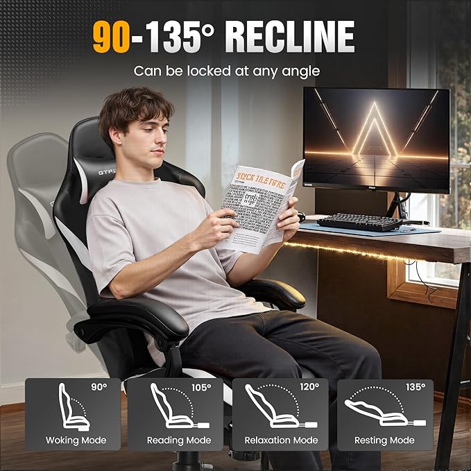 GTRACING Gaming Chair with Foot Rest & Pocket Spring Cushion, Ergonomic High Back Computer Chair with Headrest & 360°-Swivel Seat for Home Office Desk, PU Leather, White/Black