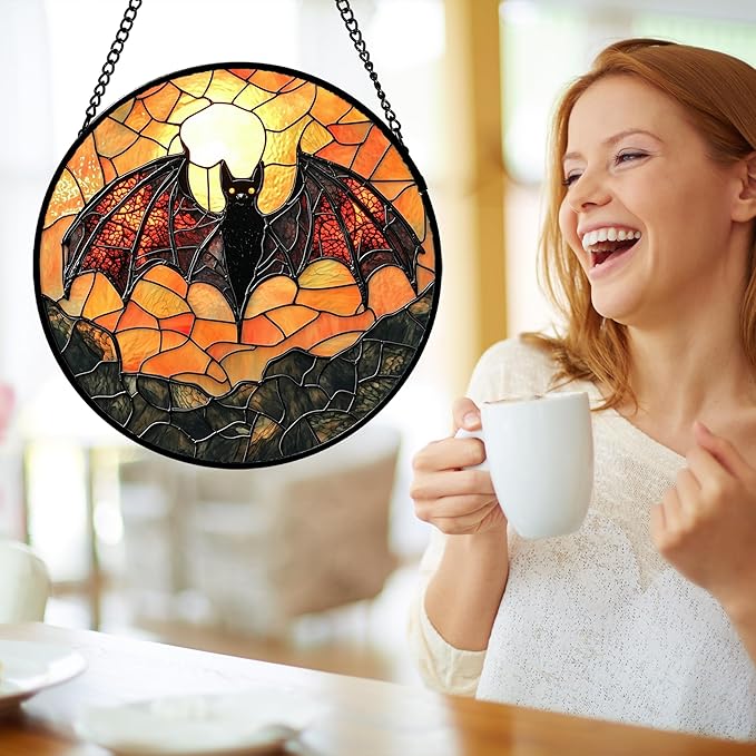 Stained Glass Window Hanging, Black Bat Sun Catcher for Door Home Decor Animal Suncatcher Christmas Mother's Day Birthday Gifts for Women Men Mom and Nana 11.8 in