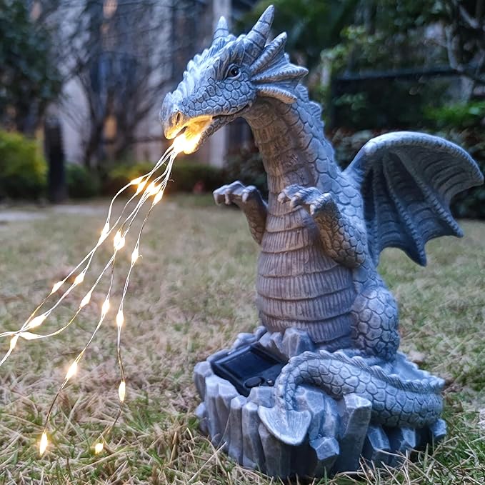 Solar Dragon Garden Statues Outdoor Lights Watering Decor, Resin Dragon Figurine with 30 LED String Lights Lawn Patio Balcony Art Decoration,Housewarming, Birthday,Mothers Day Mom Gifts