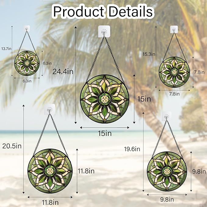 Stained Glass Window Hanging - White Green Boho Flower Suncatcher for Doors Window Home Sun Catchers Decor Christmas Mother's Day Birthday Gifts for Teacher Women Men Mom Nana 6.3 in