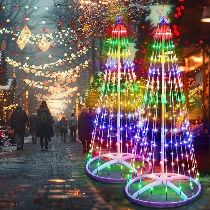 2 Pack 7FT Christmas LED Cone Tree Lights 24 Modes Color Changing with Timer Foldable Lighted Trees Waterproof Outdoor String Lights Holiday Decor for Christmas New Year Xmas Decorations