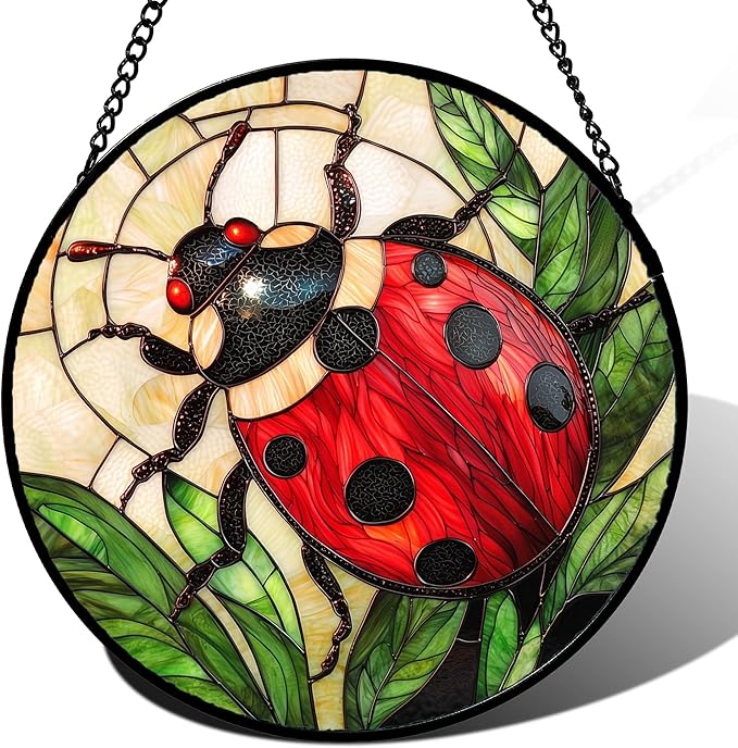 Stained Glass Window Hanging - Red Seven-Spotted Ladybug Sun Catcher for Door Home Decor Insect Suncatcher Christmas Mother's Day Birthday Gifts for Women Men Mom Nana 7.8 in