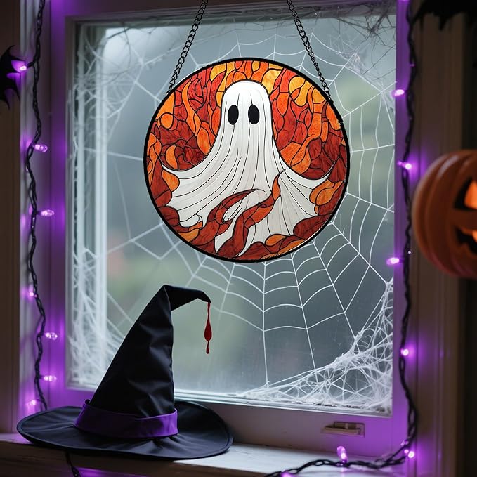 Stained Glass Window Hanging - Halloween Decorations White Ghost Orange Sky Suncatcher for Doors Garden Funny Spooky Sun Catchers Gothic Decor Horror Gifts for Women Men Friend Boy 11.8 in