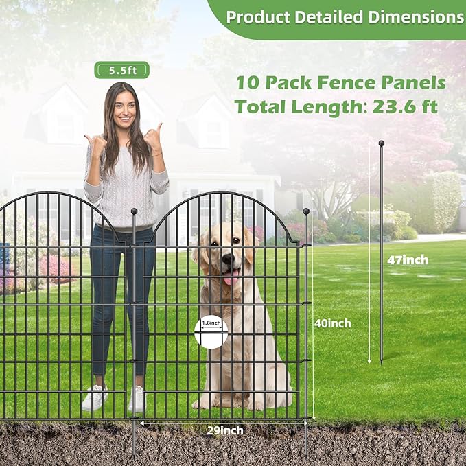 10 Panels No Dig Decorative Garden Fence for Yard, 40in (H) x 23.6ft (L) Rustproof Metal Wire Temporary Dog Fence, Animal Barrier Fencing Patio Panel Border with Temporary Ground Stakes