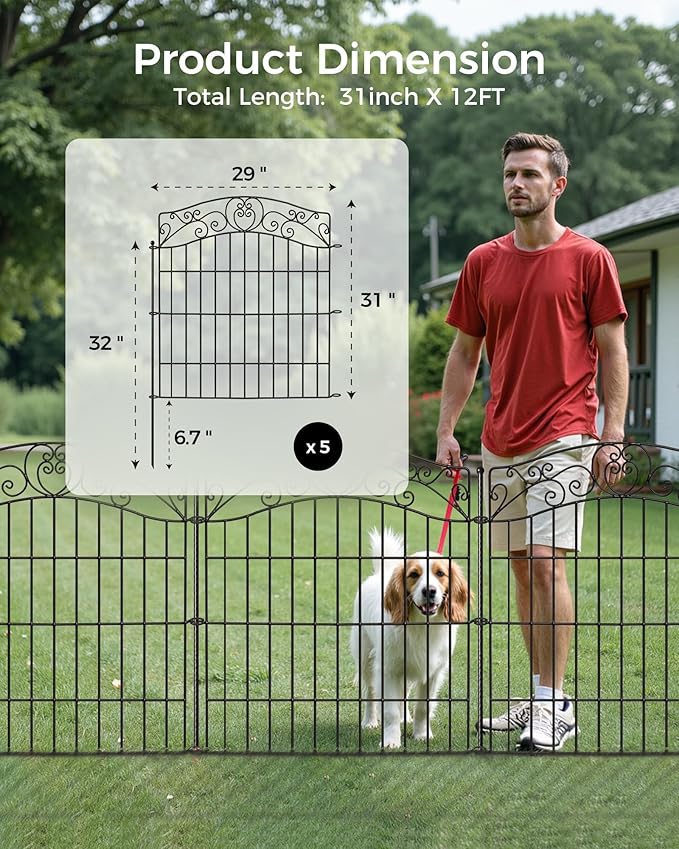 5 Panels No Dig Decorative Outdoor Garden Fence with Gate, 40 in(H) X 11.8 ft(L) Animal Barrier Fencing, Rustproof Portable Fence, Temporary Dog Fence Outdoor for Yard, Outside, Backyard