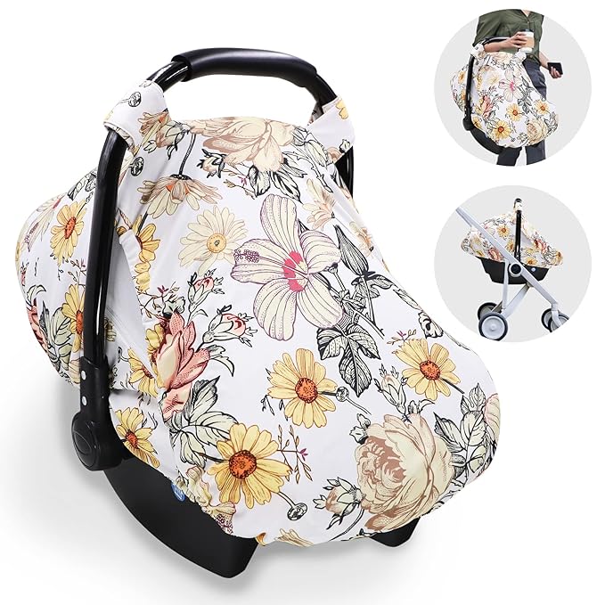 Floral Baby Car Seat Cover for Girl,Infant Carseat Canopy Sun Cover，Baby Carrier Cover with Zipped Peep Windows and Breathable Mesh, Stretchy 3in1Multi-use Stroller Cover