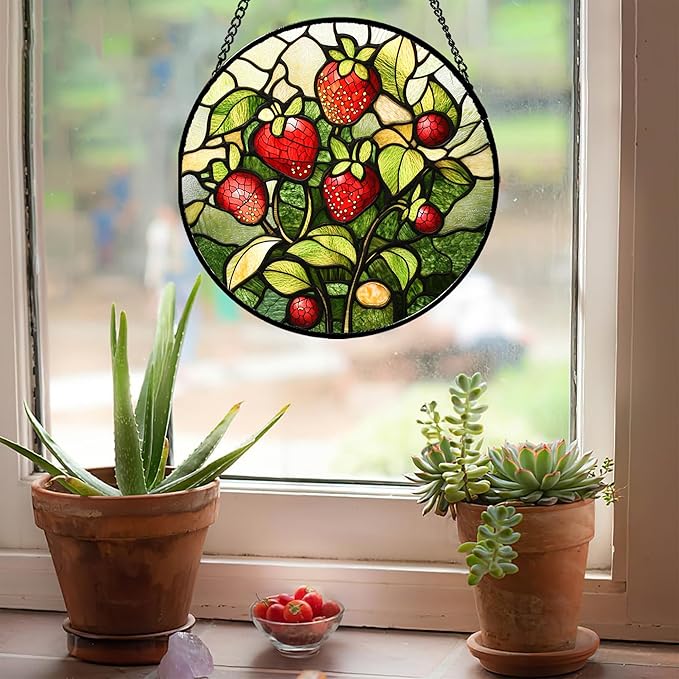 Stained Glass Window Hanging - Red Strawberry Suncatcher for Doors Window Home Green Plant Sun Catchers Decor Christmas Mother's Day Birthday Gifts for Teacher Women Men Mom Nana 6.3 in