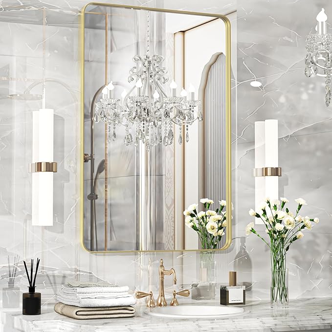 Fun Memories Glod Bathroom Mirror 24x36 Inch Bathroom Vanity, Metal Black Frame Large Mirror, Modern Wall Mirror for Bathroom, Tempered Glass, Farmhouse, Horizontally or Vertically
