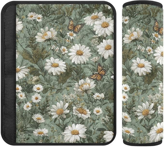 2 Pack Seatbelt Covers Seat Belt Cover Pad for Adults Boys Girls Car Seat Strap Covers Pads Cushion Universal Shoulder Strap Pad Protector for Backpack Camera Bag 6.5 Inch Summer Daisy Butterfly Green