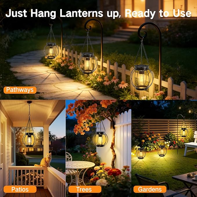 Outdoor Solar Lanterns, Waterproof Metal Hanging Lights with Warm White LED, Auto On/Off, Upgraded Brighter Decorative Lanterns for Garden Patio Yard Porch, Gifts for Women Mom, 2 Pack