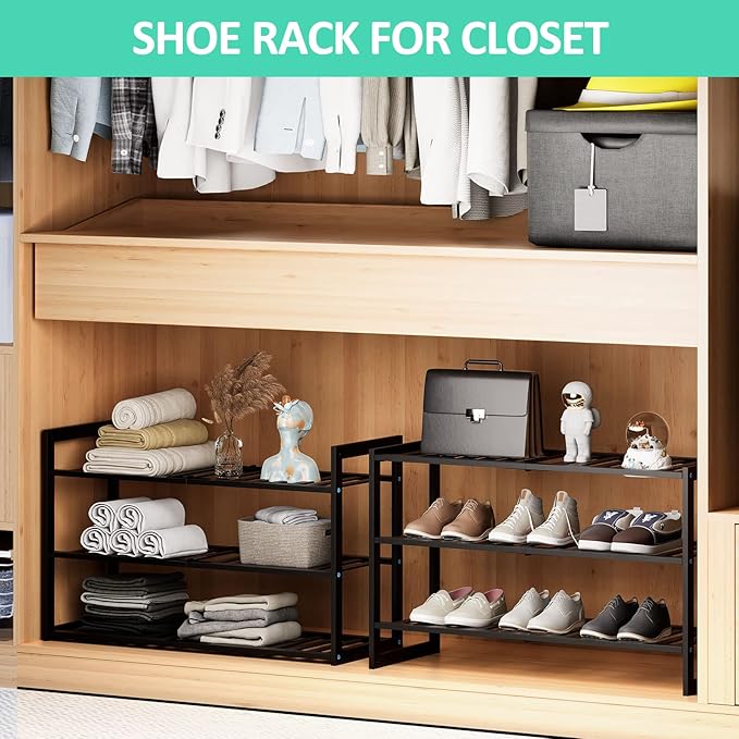 Bamboo Shoe Rack for Entryway, Stackable 3 Tier Shoe Organizer Shelf Storage 9-12 Pairs Shoes Stand Cubby for Closet Door Hallway Bedroom Garage Black, Thanksgiving