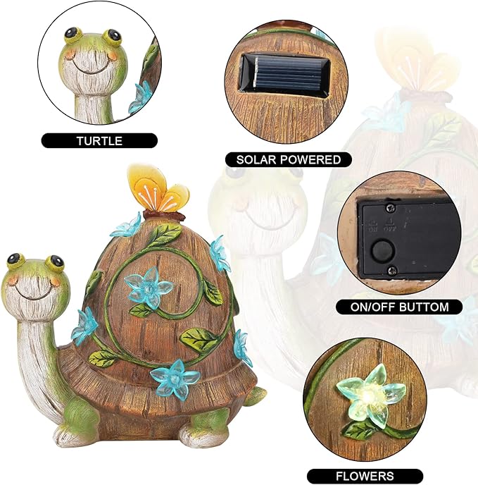 Bshine Solar Garden Statue Turtle Figurine Resin Animal Sculpture Decor with Solar Lights Cute Art Sculpture for Patio Lawn Yard Outdoor Decorative