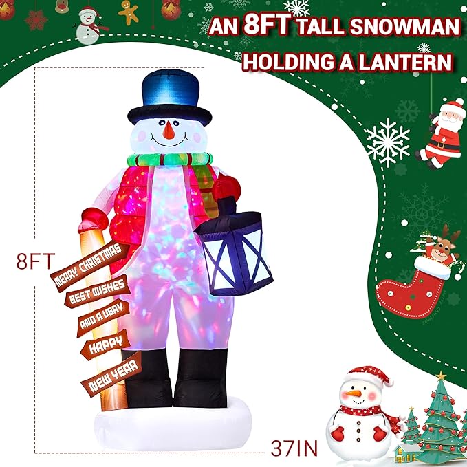 8ft Christmas Inflatable Snowman Built-in Colorful LED Lights,Inflatable Outdoor Holiday Yard Decorations,IP44 Weatherproof,Xmas Blow Up Decorations for Garden Lawn Indoor Holiday Party Decor