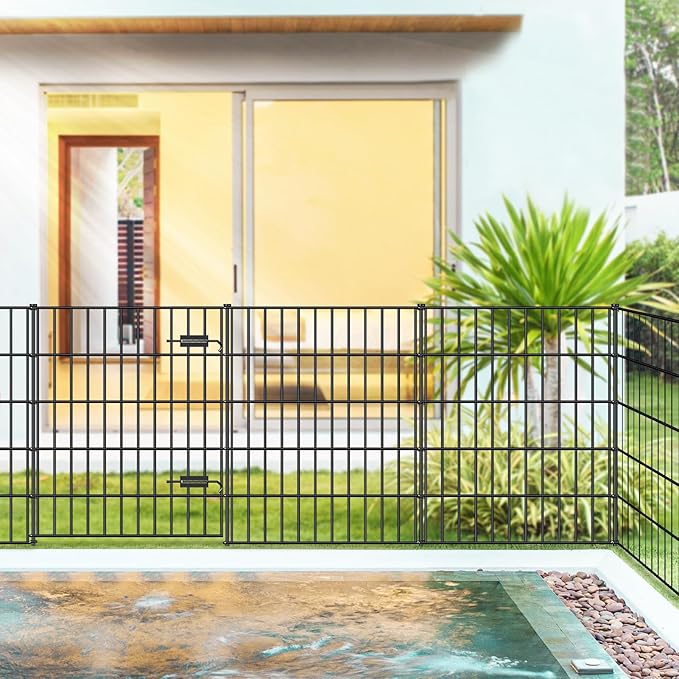 Metal Garden Fence with Gate 33.3in (H) x 23.3ft (L), 1 Gate + 9 Panels Dog Fence Border Fence Animal Barrier, No Dig Garden Fencing for Yard Flower Bed Lawn Patio Outdoor, PIN332810G Black