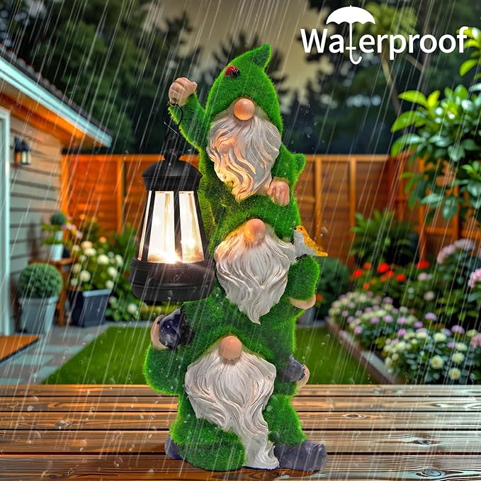 Solar Gnomes Garden Statues,Resin Flocked Gnome Figurine Holding Solar Lights Lantern,Unique Birthday Housewarming Gifts for Women, Mom, Grandma