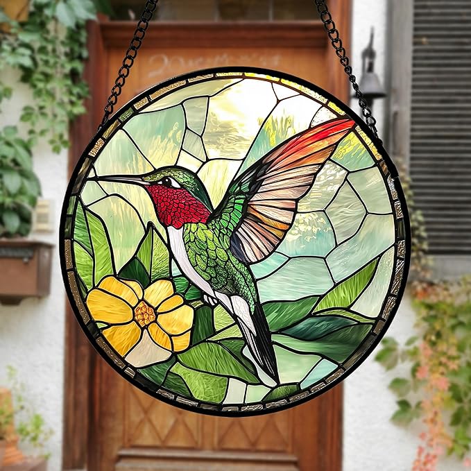 Stained Glass Window Hanging, Green Hummingbird Sun Catcher for Door Home Decor, Birds Suncatcher Christmas Mother's Day Birthday Gifts for Bird Lovers Women Men Mom and Nana 11.8 in