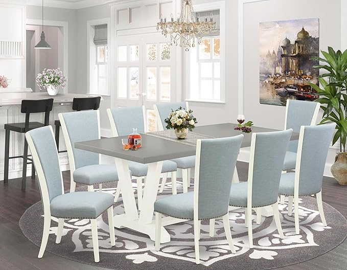 East West Furniture V097VE215-9 9 Piece Dining Set Includes a Rectangle Dining Room Table with V-Legs and 8 Baby Blue Linen Fabric Upholstered Parson Chairs, 40x72 Inch, Multi-Color