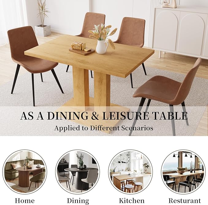 Dining Table Set for 4-6 People, 46 Inch Modern MDF Oak Kitchen Table with 4 Faux Leather Chairs, Rectangular Dining Room Table Set for Home, Small Spaces, Breakfast Nook (Oak Table + 4 Brown Chairs)