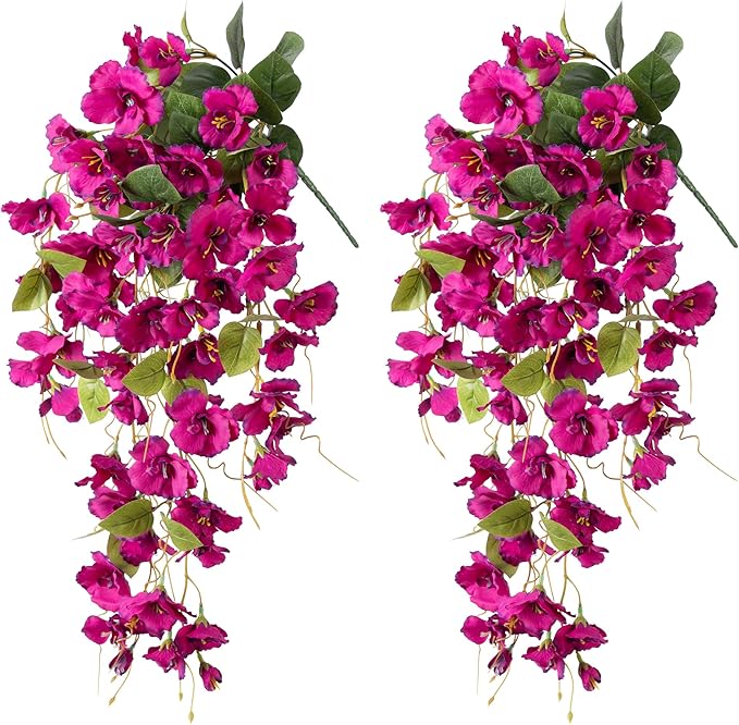 Artificial Hibiscus Fake Hanging Flowers Plants for Outdoors Spring Summer Decor, 2pcs Fuchsia Silk Hibiscus Long Trailing Vines UV Resistant Realistic Faux Flower for Outside Front Door Porch Patio