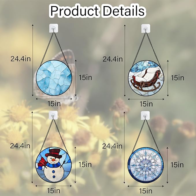 Stained Glass Window Hanging 4 Pcs Set Blue White Christmas Snowman Snowflake Large 15" - Suncatcher Door Garden Sun Catcher Decor Birthday Mother's Day Xmas Gifts for Mom Woman Nana Men