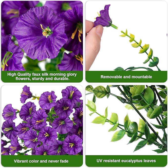 Artificial Faux Hanging Flowers Plants for Outdoor Decor,2 PCS Fake Silk Morning Glory with Eucalyptus UV Resistant Realistic Trailing Vine for Wall Home Porch Patio Balcony Yard Indoor Decor, Purple