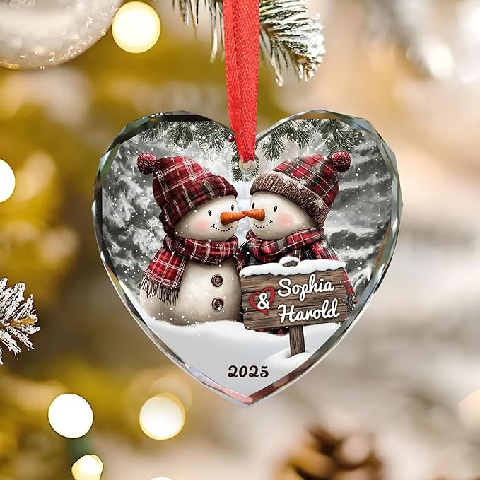 NAZENTI Personalized Snowman Couple Ornament 2025, Custom Glass Christmas Ornaments with Names, Snowman Lovers Holiday Decoration, Romantic Gift for Couples Newlyweds Keepsake 03