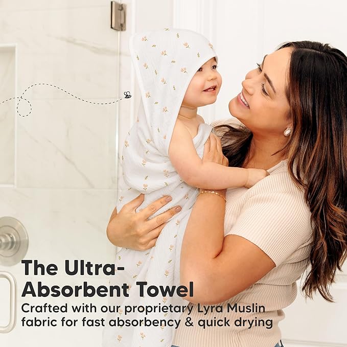 KeaBabies Muslin Baby Bath Towels with Hood for Girls, Boys -Large Organic Cotton Hooded Baby Towels for Newborns,Toddlers,Infant,Kids,Soft Absorbent Newborn Bath Essentials Gift Set(Tulips, Petite)